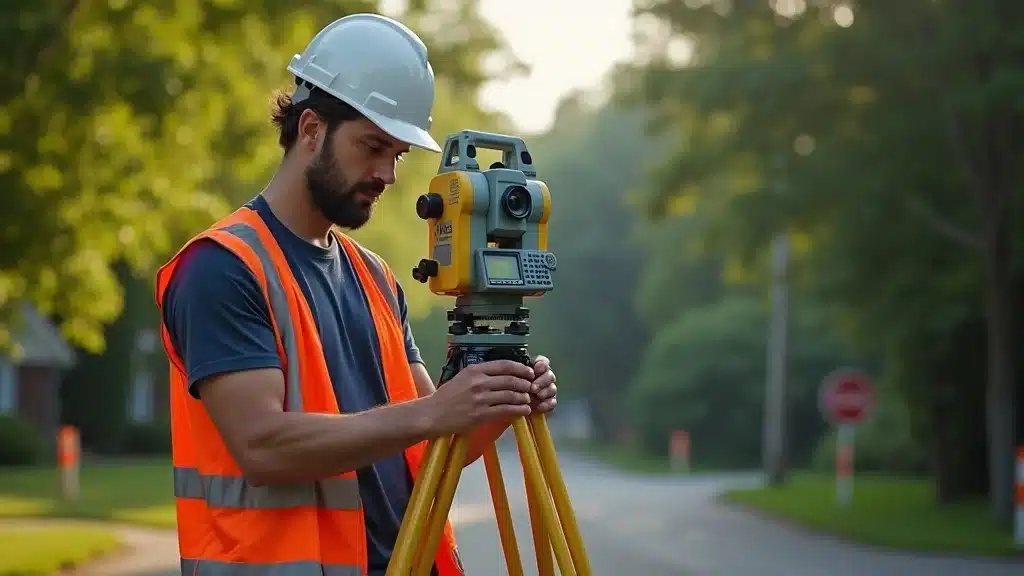 Professional land surveyor at work beside total station on Massachusetts suburban property - land surveyor near me, land surveying, Lakeville, MA