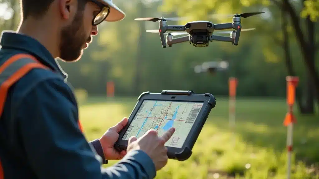 Topographic survey near me: Technician with rugged tablet, drone mapping a Lakeville site, showing live digital overlays and survey lines.