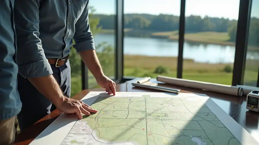 Topographic survey near me: Landowner and surveyor review a detailed topographic map with technical tools in a Lakeville office overlooking the lake.