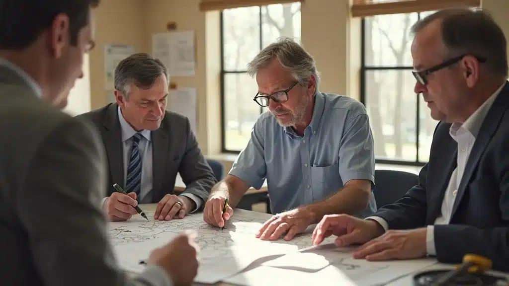 Experienced Massachusetts land surveyor collaborating with town officials in a Lakeville, MA office reviewing site plans and zoning maps, ensuring compliance and precise land survey documentation