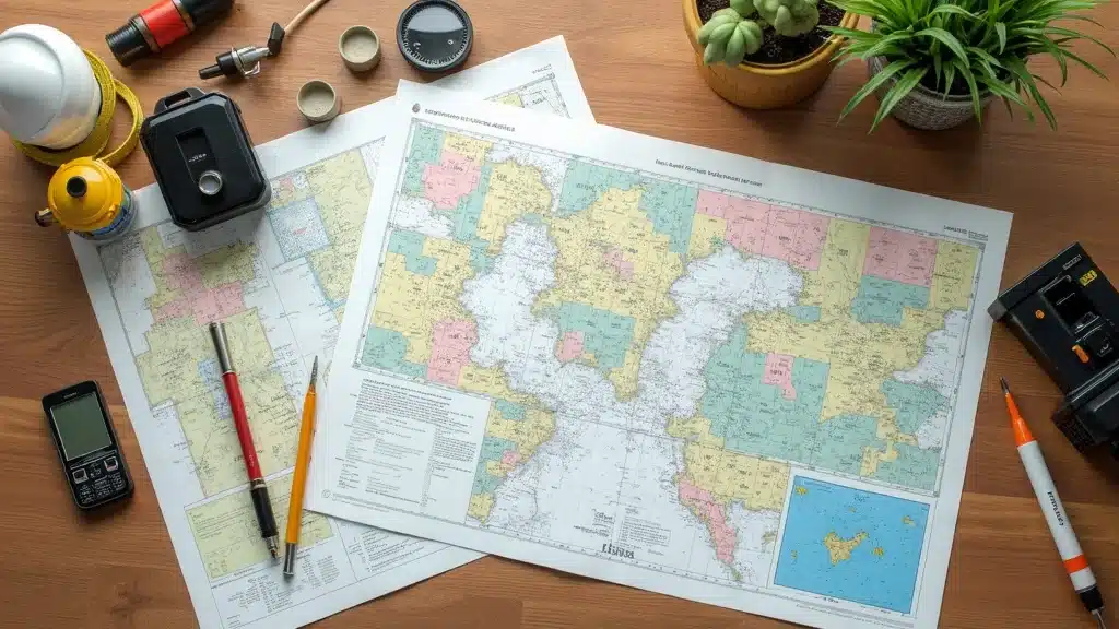 Variety of land survey tools and maps related to boundary survey, mortgage survey, and topographic survey cost in Lakeville