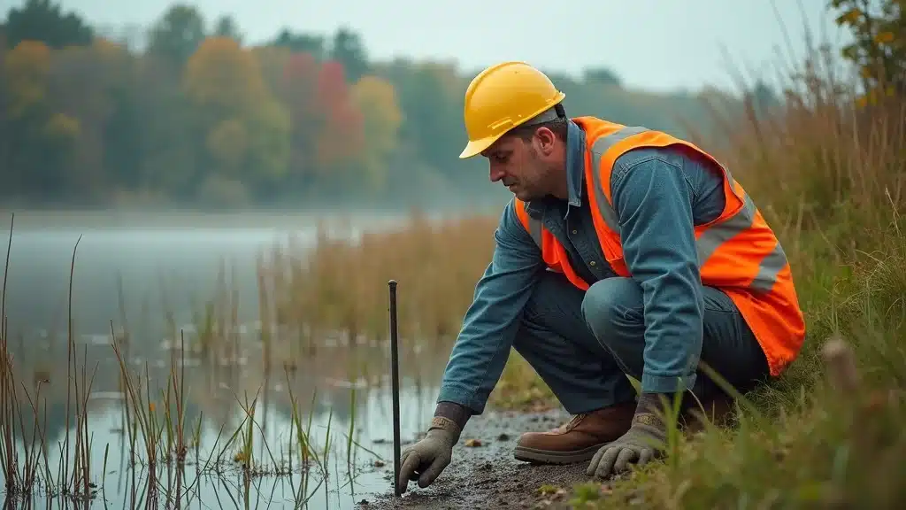 Local land surveyor working at a Lakeville, MA wetland site, carefully placing survey stakes beside tall grasses, showcasing environmental compliance and wetlands expertise