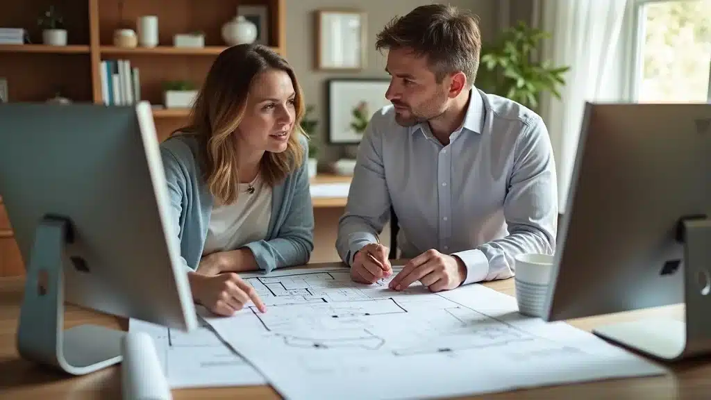 Insightful Massachusetts homeowners studying property maps focused on land survey cost and property boundaries in Lakeville, MA