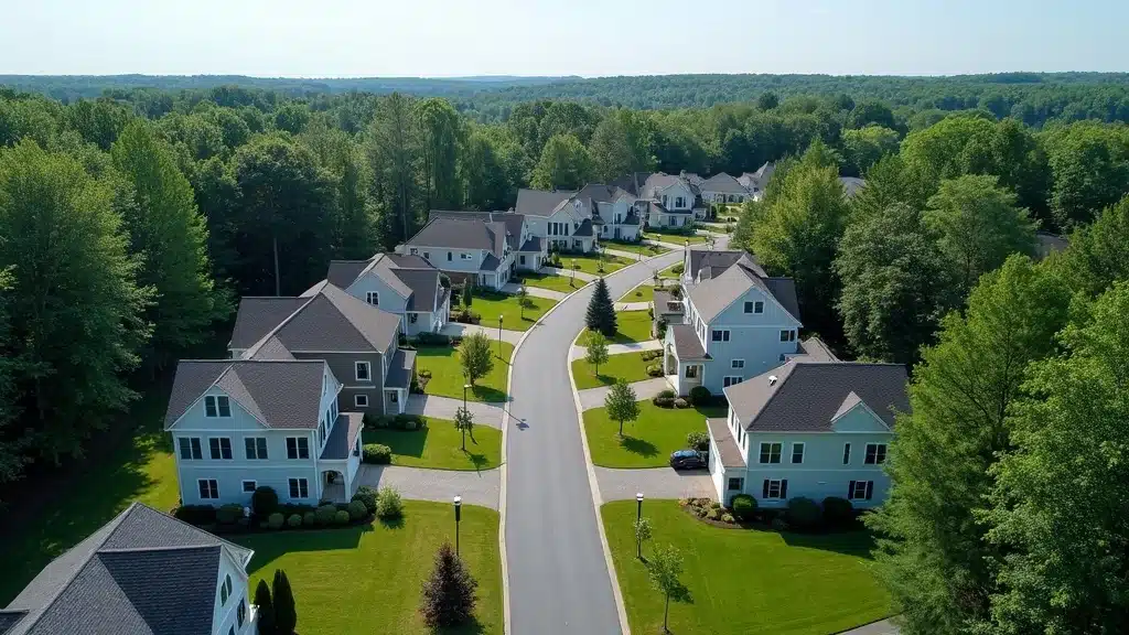 Aerial view of residential neighborhood in Lakeville, MA with faintly highlighted property boundaries, trees, and clear distinctions between properties - property boundary survey