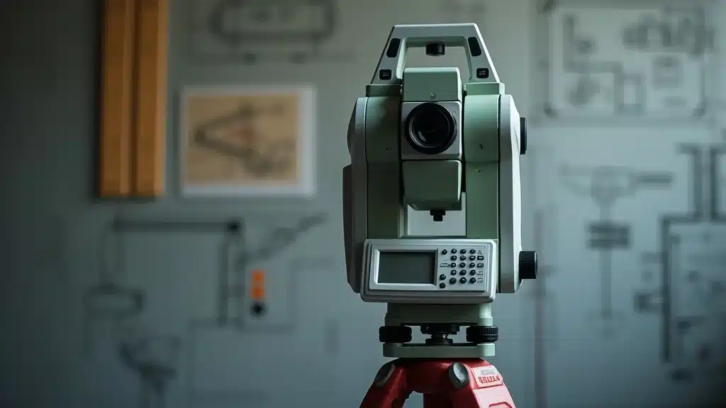 Modern robotic total station mounted on tripod with detailed engineering site background, showcasing accurate land survey equipment for Massachusetts projects