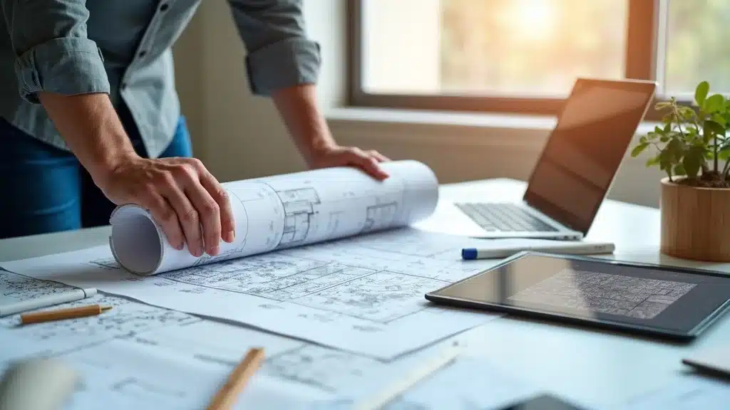 Architect reviewing land survey for construction plans in a modern office, displaying CAD drawings and site plans for Lakeville, MA
