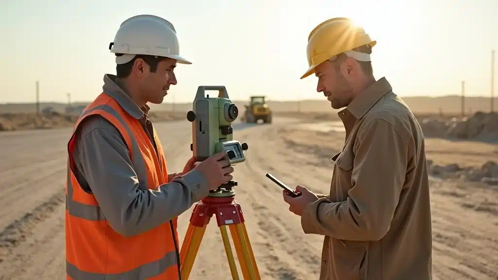 Professional land surveyors on a construction site using total station and GPS equipment for land survey for construction in Lakeville, MA