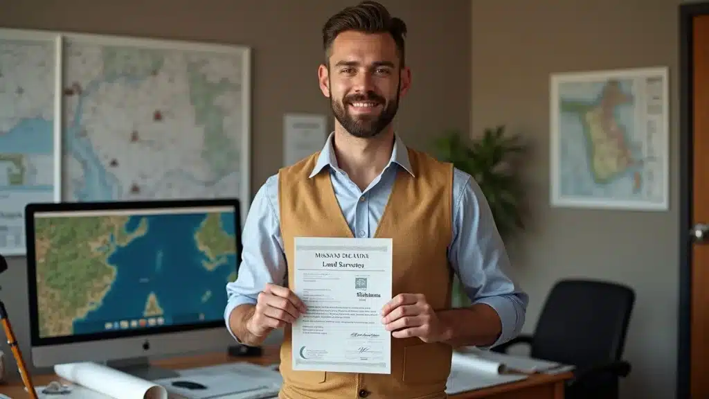 Confident licensed land surveyor holding official certification, standing near survey maps and technical equipment in a modern Massachusetts office