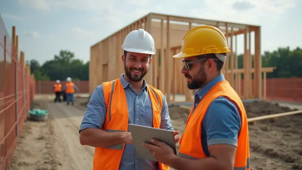 Lakeville contractor and surveyor discussing site layout with digital tablet for land survey for construction