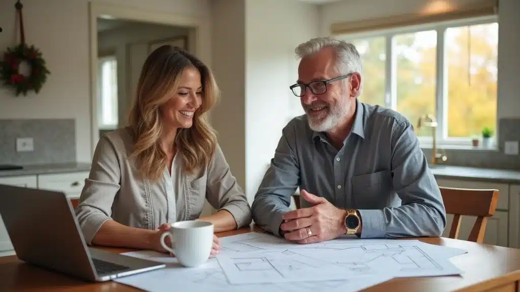 Welcoming consulting session: land surveyor and Lakeville homeowner reviewing property boundary plans in a bright, modern kitchen. Consultative, client-focused approach of top surveying company near me.