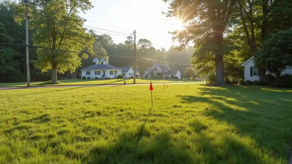 Detailed suburban property boundary markers and survey stakes in a Lakeville, MA neighborhood. Crisp property corners highlight boundary survey results by a surveying company near me.