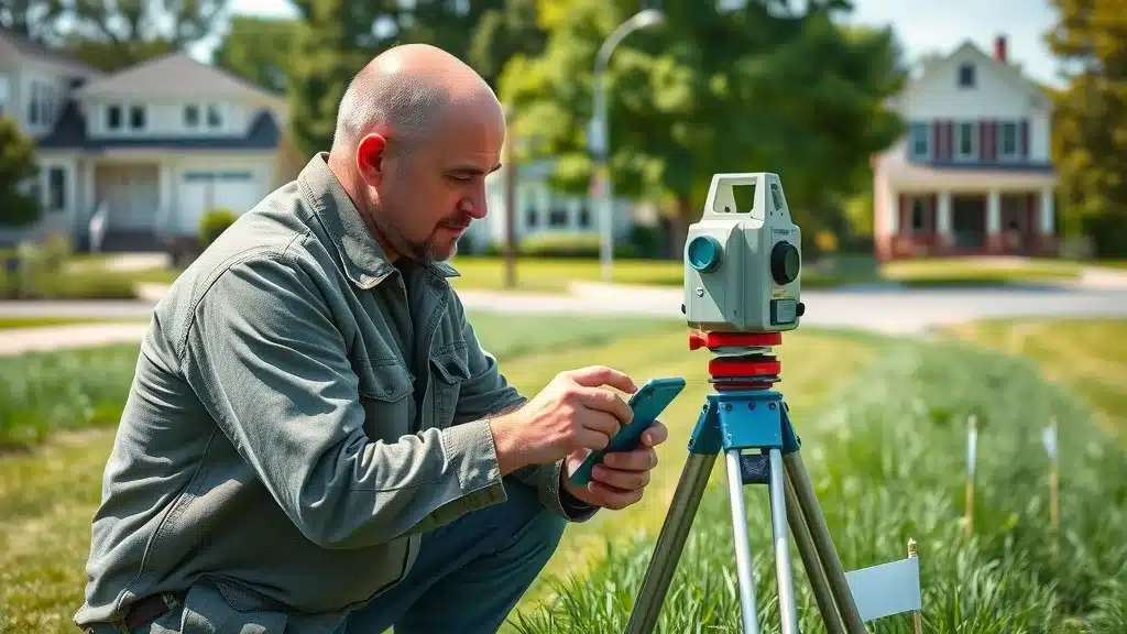 Professional Worcester land surveyor using GPS equipment on a residential property boundary
