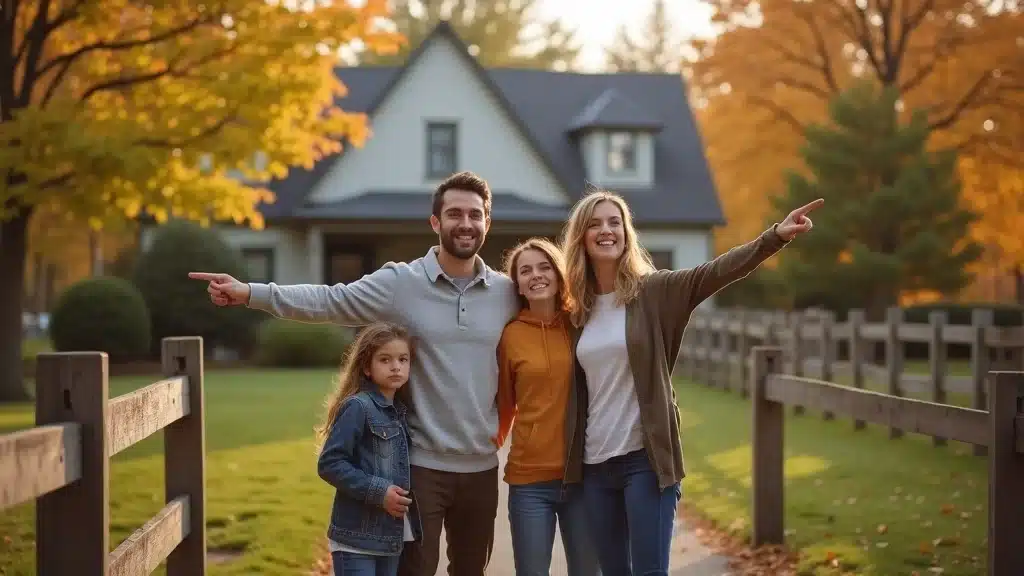 Family in Lakeville, MA examining wooden fence property boundary with surveyors' stakes in New England neighborhood, autumn scene, real estate land survey