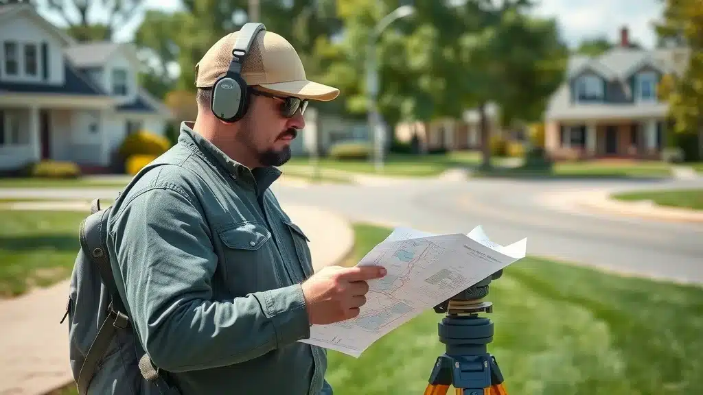 Professional land surveyor examining property boundaries in Worcester neighborhood with survey markers and map, land surveyor using surveying equipment in a suburban Worcester setting, clear property lines, high realism