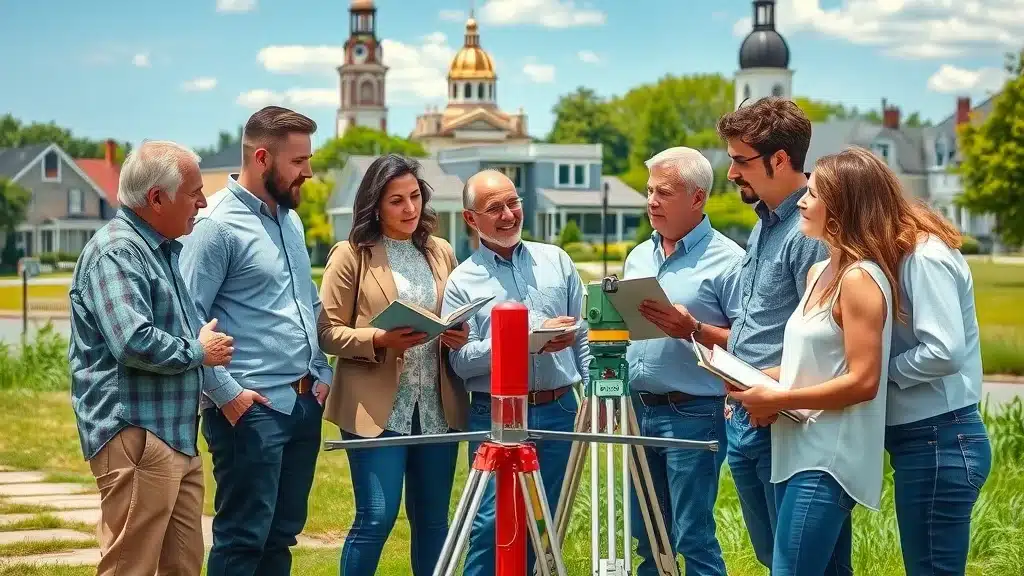 Diverse team of land surveyors, homeowners, and developers collaborating at a property boundary marker in Worcester, with local landmarks in background