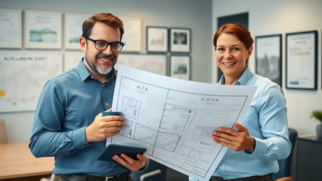 Professional ALTA land surveyor in Worcester reviewing detailed property survey blueprints with a client in a modern office, maps and certificates on the walls
