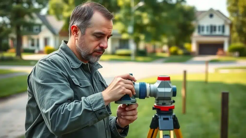 Worcester property boundary survey in progress showing a focused land surveyor examining surveying equipment by a property line in a lush Worcester neighborhood