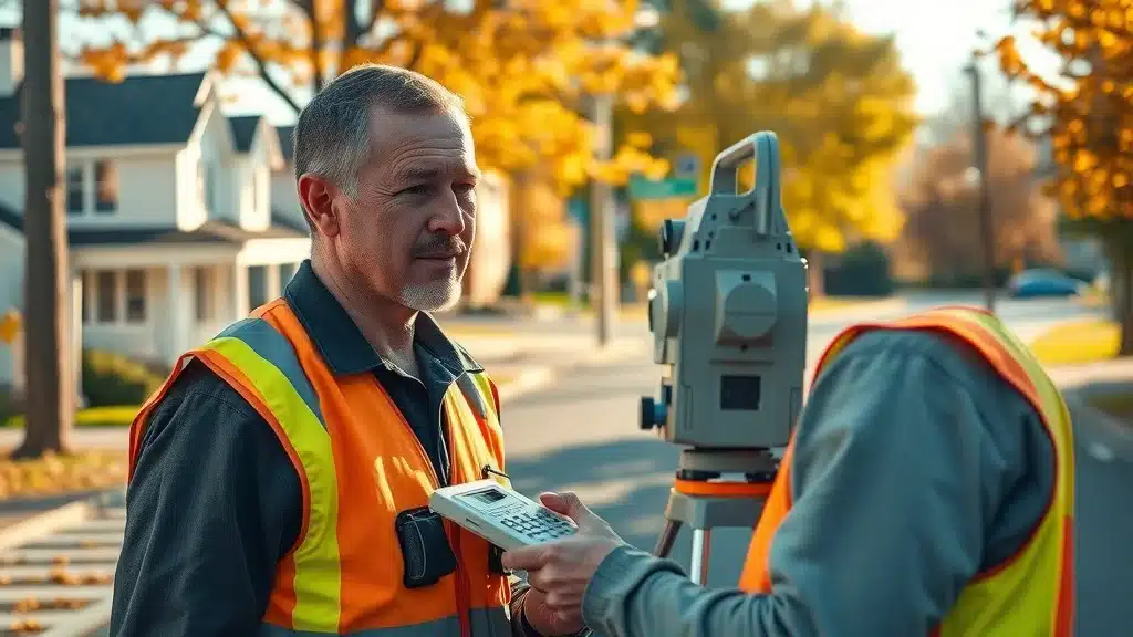 land surveyor in Worcester using a total station device for property boundary measurement, city street background, surveying equipment, property boundary markers with autumn leaves. Photorealistic, safety vest, high-tech, bright afternoon sunlight.