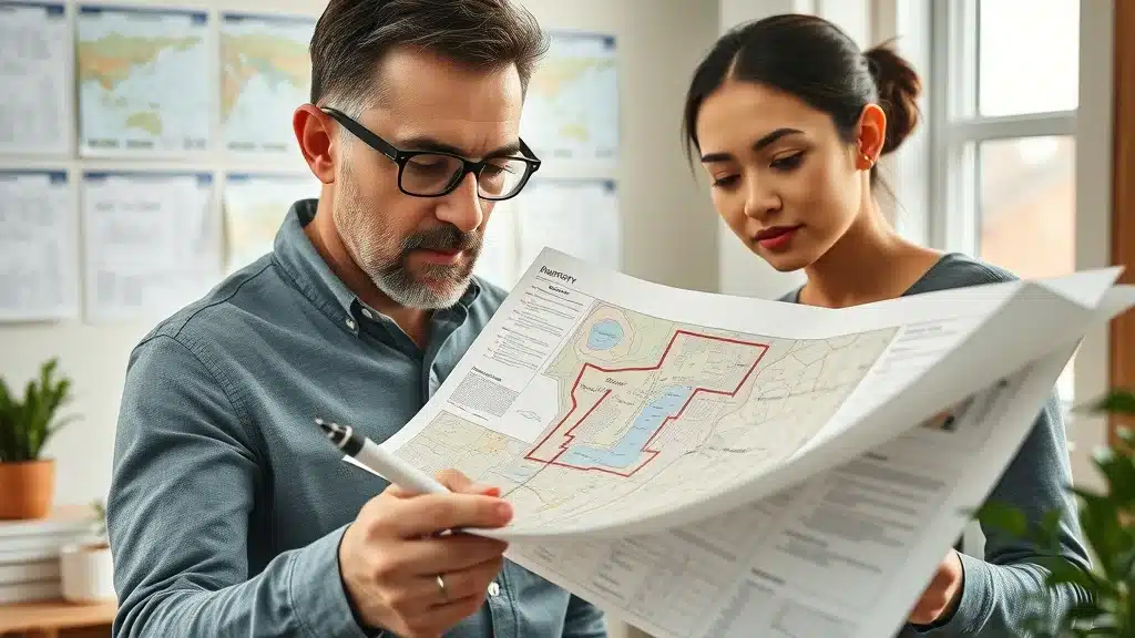 detailed Worcester property map analysis – homeowner with surveyor pointing to boundaries, home office maps, survey documents, marker pens, realistic paper and skin textures, natural lighting.