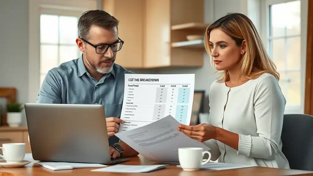 Land surveyor in Worcester explaining a pricing breakdown chart to a homeowner, displaying a laptop with cost details in a bright home office setting