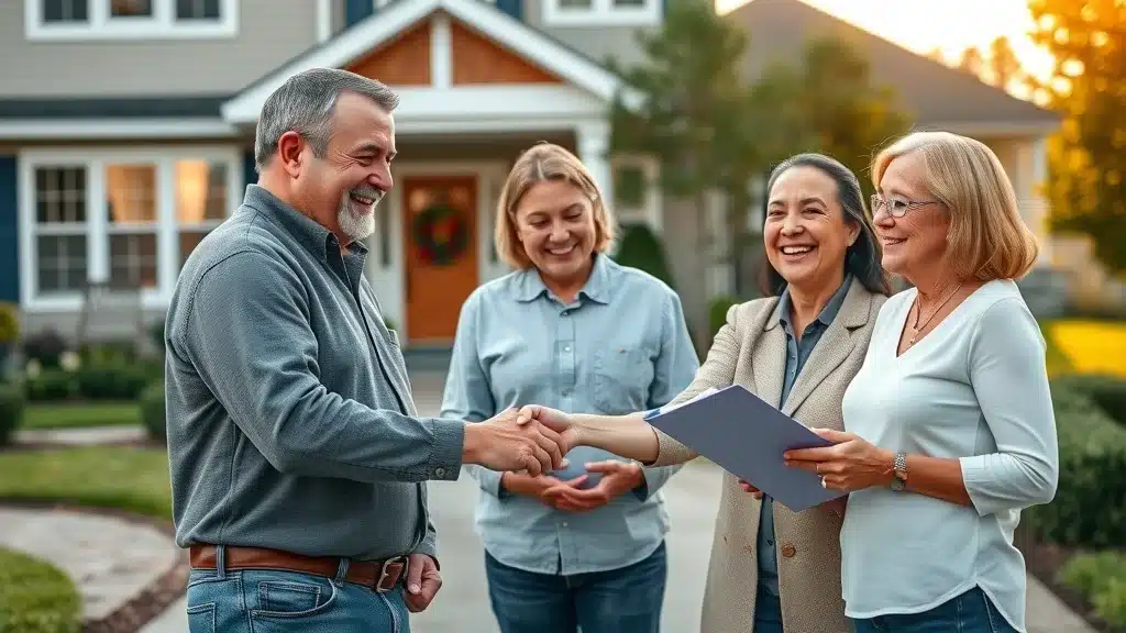 Worcester land surveyor shaking hands with a satisfied family on their suburban driveway, with survey documents and badges visible, showing successful property transaction