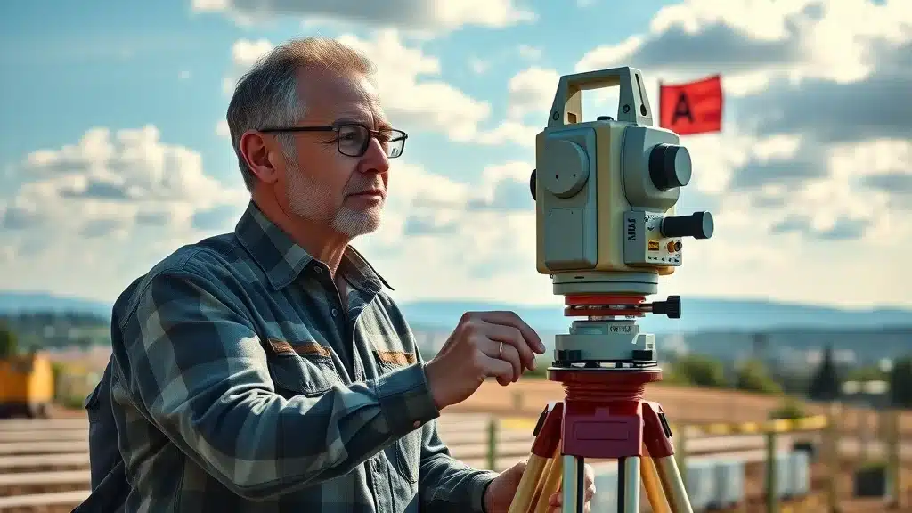 Land surveyors in Worcester operating theodolite on a tripod on an open city plot with measurement flags and site plans, emphasizing professional surveying services