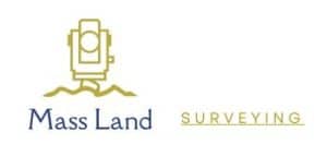 Logo for Mass Land Surveying featuring a line drawing of a surveying instrument above wavy lines on the left, with Mass Land in blue and SURVEYING in gold uppercase letters on the right.